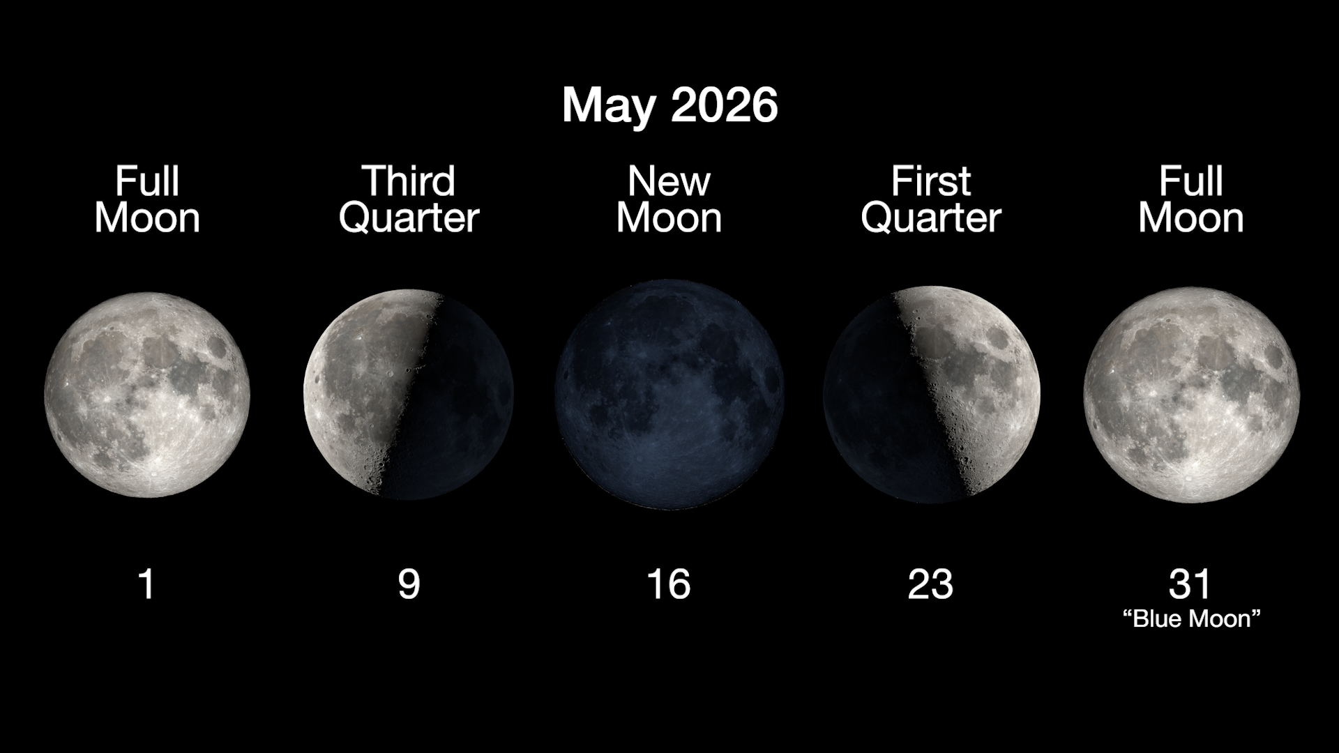 An infographic titled May 2026 displays the month's primary lunar phases against a black background. It features five distinct moon stages arranged horizontally with their dates: a Full Moon on the 1st, a Third Quarter on the 9th, a New Moon on the 16th, and a First Quarter on the 23rd. The sequence concludes with a second Full Moon on the 31st, specifically labeled as a